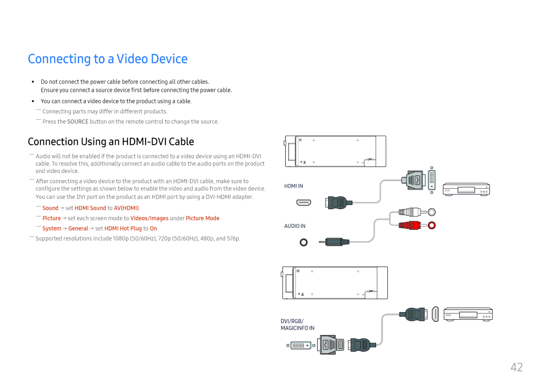 Samsung LH37SHFPLBB/UE, LH37SHFPLBB/NG, LH37SHFPLBB/CH Connecting to a Video Device, ――Sound → set Hdmi Sound to Avhdmi 