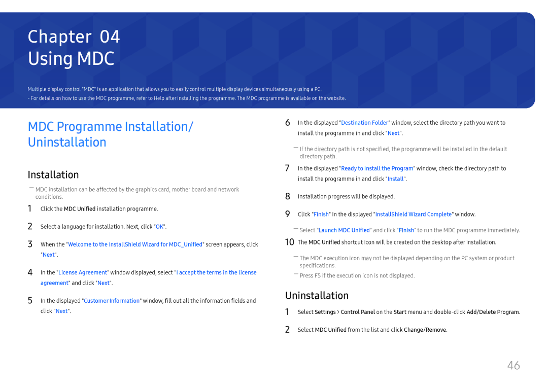 Samsung LH37SHFPLBB/NG, LH37SHFPLBB/UE, LH37SHFPLBB/CH manual Using MDC, MDC Programme Installation Uninstallation 