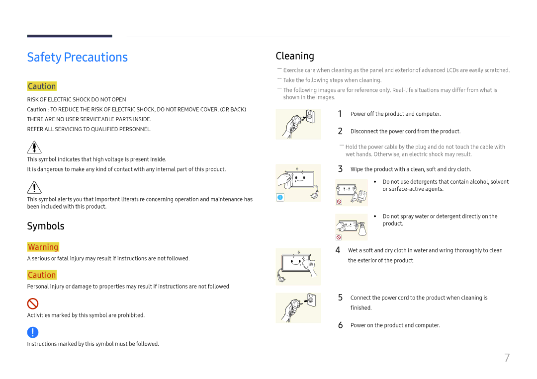 Samsung LH37SHFPLBB/NG, LH37SHFPLBB/UE manual Safety Precautions, Symbols, Cleaning, Power off the product and computer 