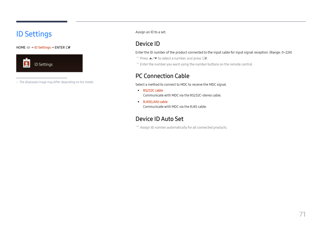 Samsung LH37SHFPLBB/CH, LH37SHFPLBB/UE, LH37SHFPLBB/NG manual ID Settings, PC Connection Cable, Device ID Auto Set 