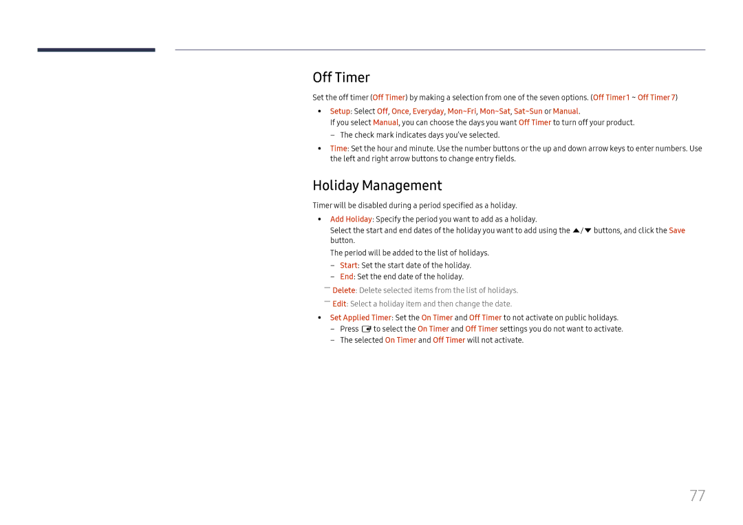 Samsung LH37SHFPLBB/CH, LH37SHFPLBB/UE, LH37SHFPLBB/NG manual Off Timer, Holiday Management 