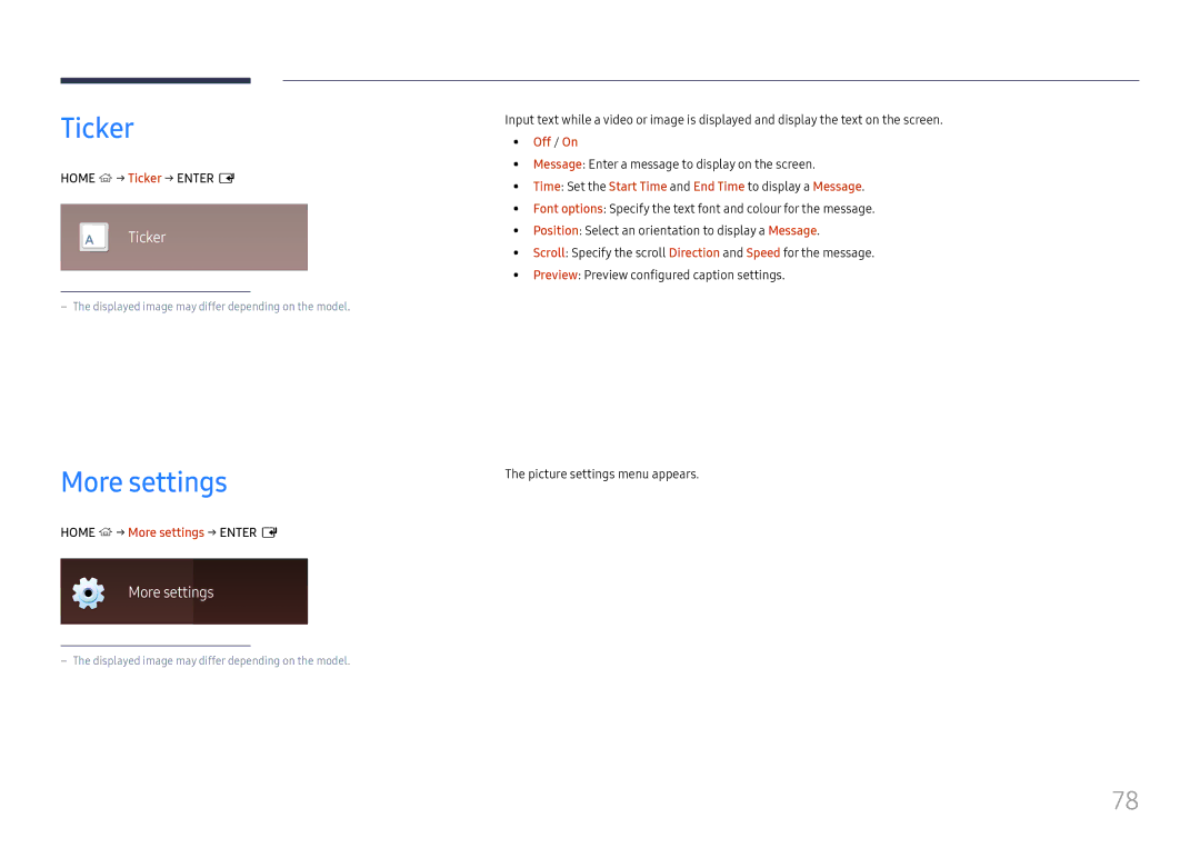 Samsung LH37SHFPLBB/UE, LH37SHFPLBB/NG, LH37SHFPLBB/CH manual Home → Ticker → Enter E, Home → More settings → Enter E 