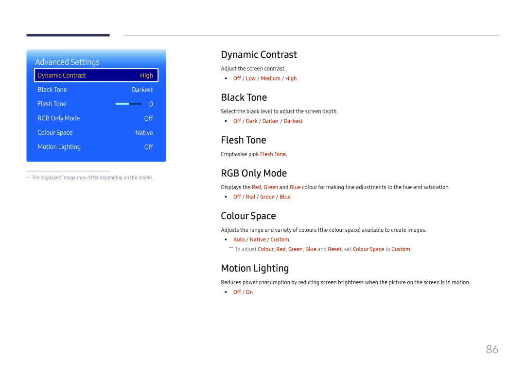 Samsung LH37SHFPLBB/CH manual Dynamic Contrast, Black Tone, Flesh Tone, RGB Only Mode, Colour Space, Motion Lighting 