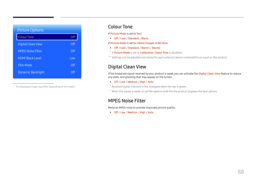 Samsung LH37SHFPLBB/NG manual Colour Tone, Digital Clean View, Mpeg Noise Filter, Off / Low / Medium / High / Auto 