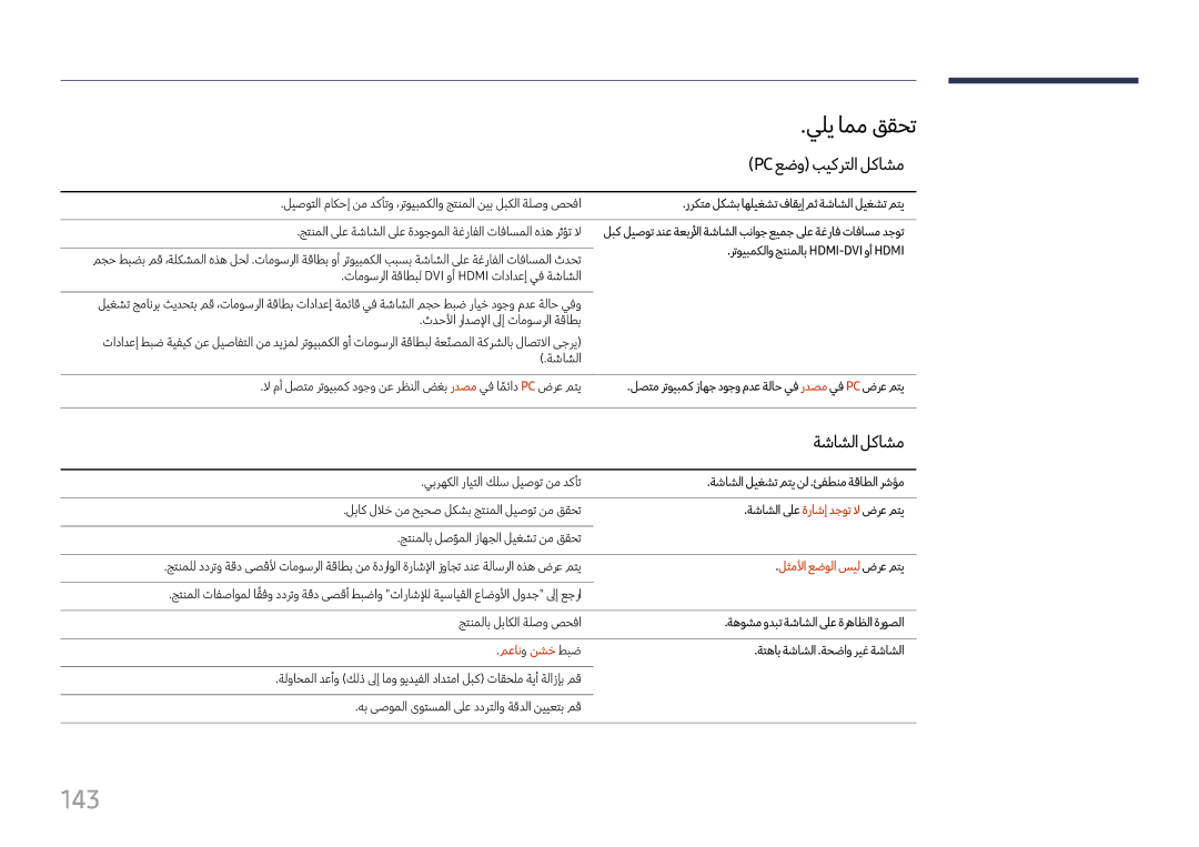 Samsung LH37SHFPLBB/NG, LH37SHFPLBB/UE manual 143, يلي امم ققحت, Pc عضو بيكرتلا لكاشم, ةشاشلالكاشم 