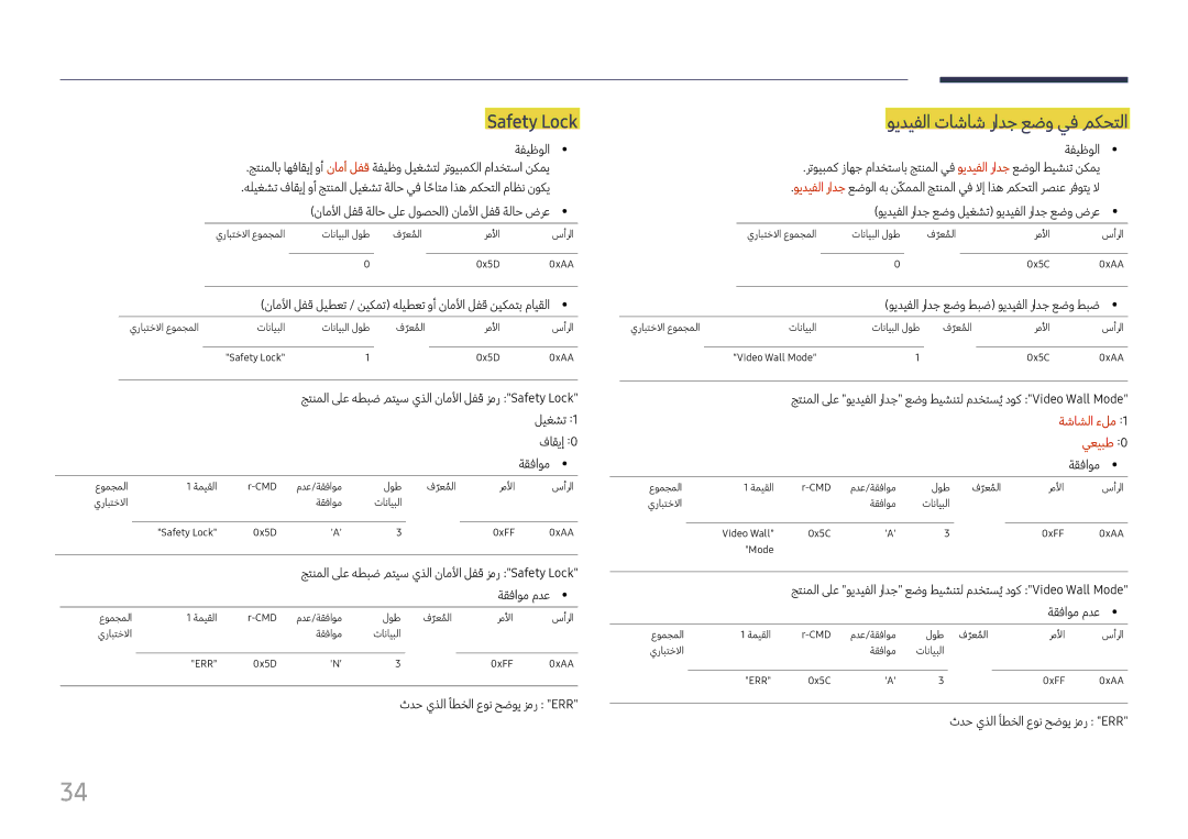 Samsung LH37SHFPLBB/UE, LH37SHFPLBB/NG manual Safety Lock, ويديفلا تاشاش رادج عضو يف مكحتلا, ةشاشلا ءلم, يعيبط 