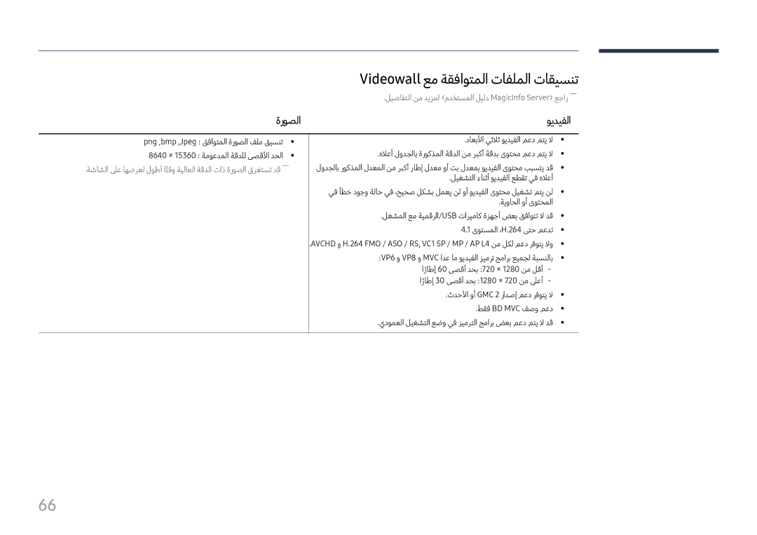 Samsung LH37SHFPLBB/UE, LH37SHFPLBB/NG manual Videowall عم ةقفاوتملا تافلملا تاقيسنت, ةروصلا ويديفلا 