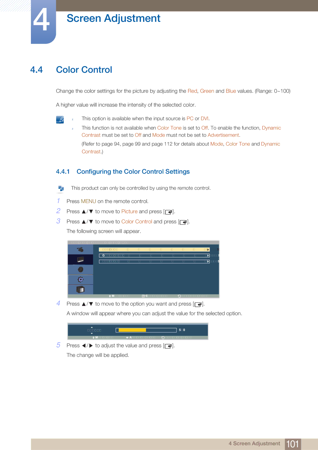 Samsung LH40ARPLBC/XY, LH40ARPLBC/EN manual Configuring the Color Control Settings 