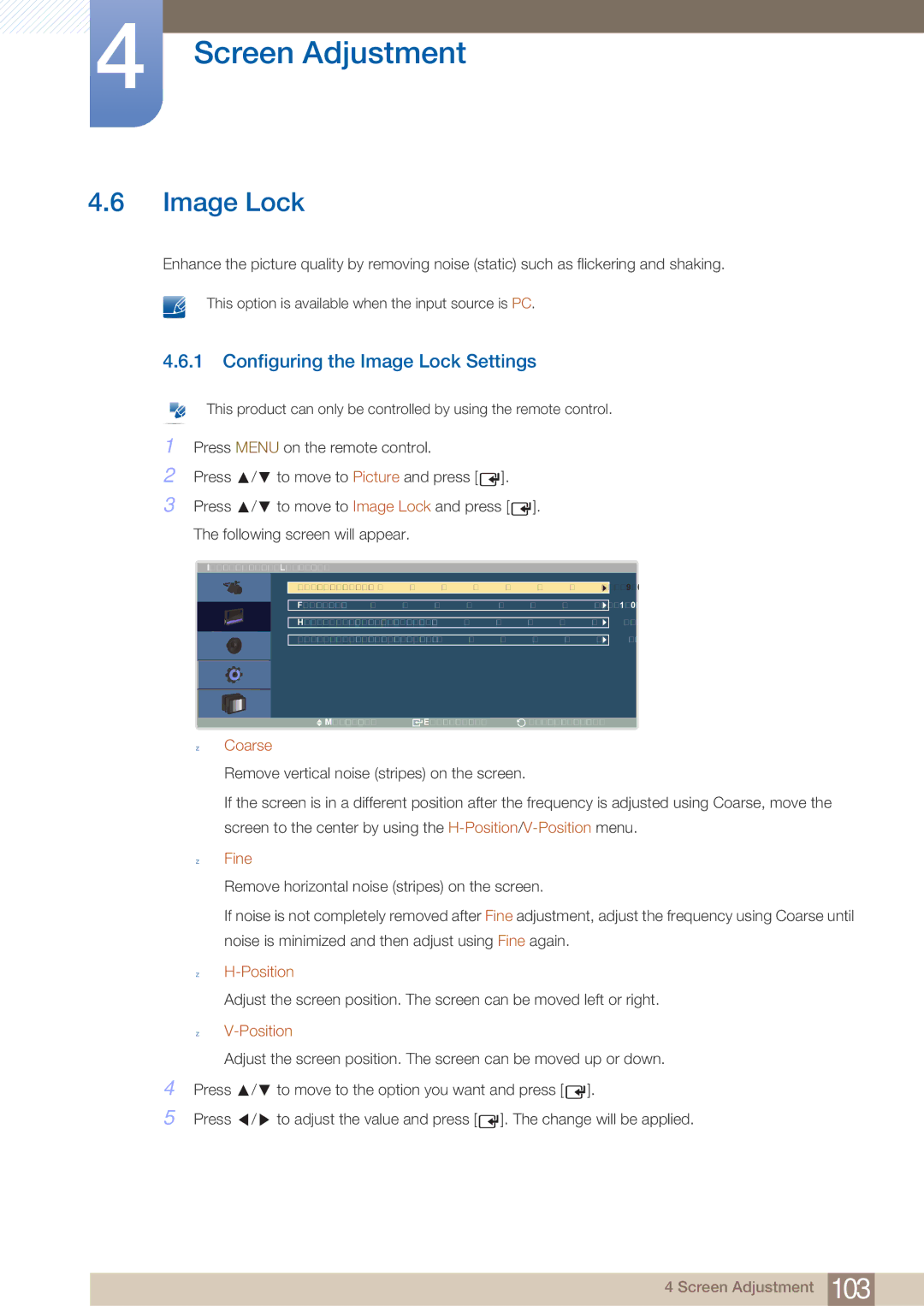 Samsung LH40ARPLBC/XY, LH40ARPLBC/EN manual Configuring the Image Lock Settings, Coarse, Fine, Position 