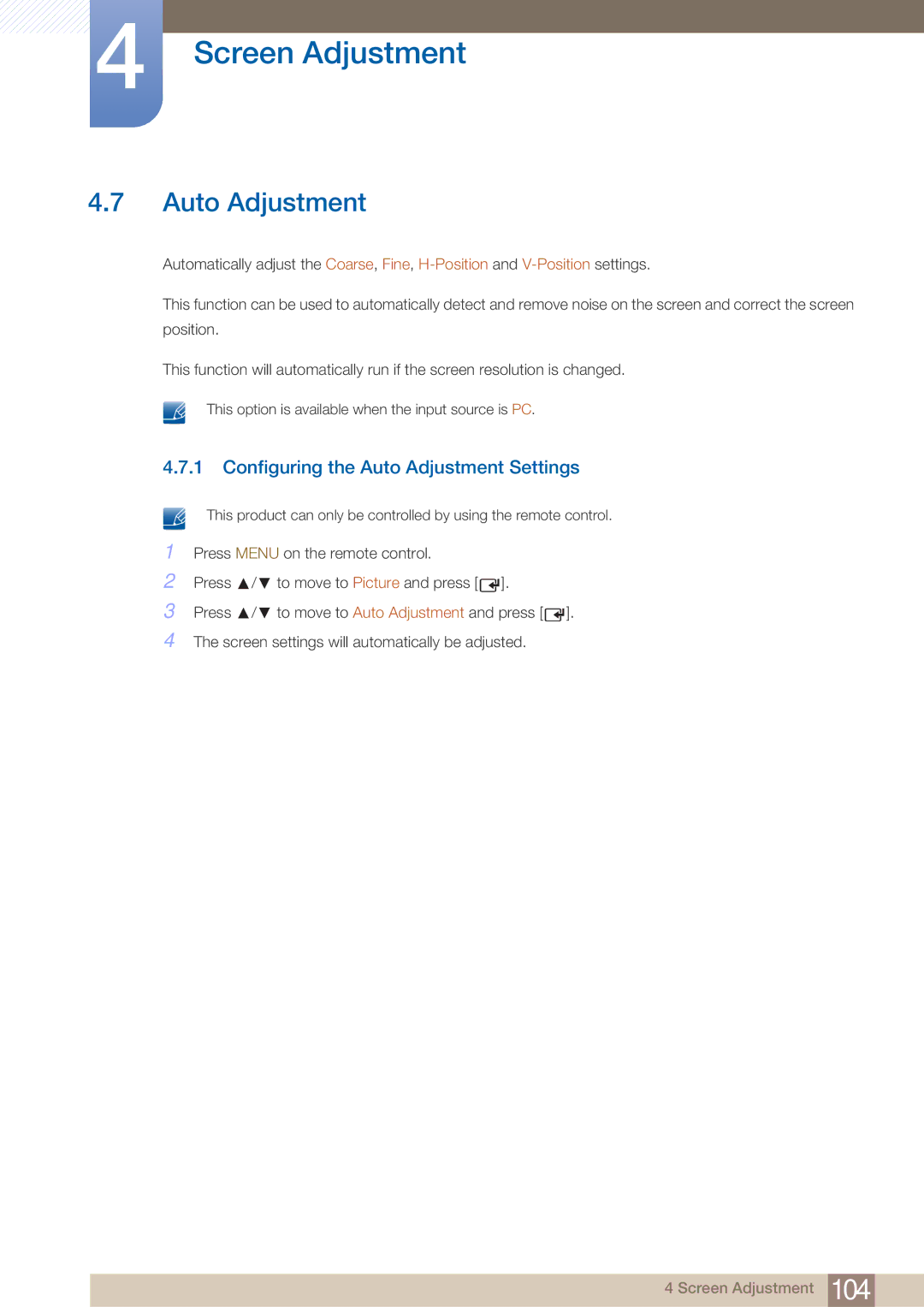 Samsung LH40ARPLBC/EN, LH40ARPLBC/XY manual Configuring the Auto Adjustment Settings 