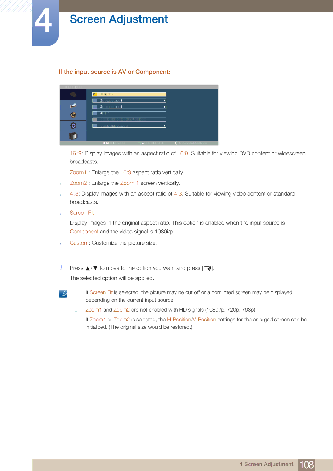 Samsung LH40ARPLBC/EN, LH40ARPLBC/XY manual If the input source is AV or Component, Screen Fit 