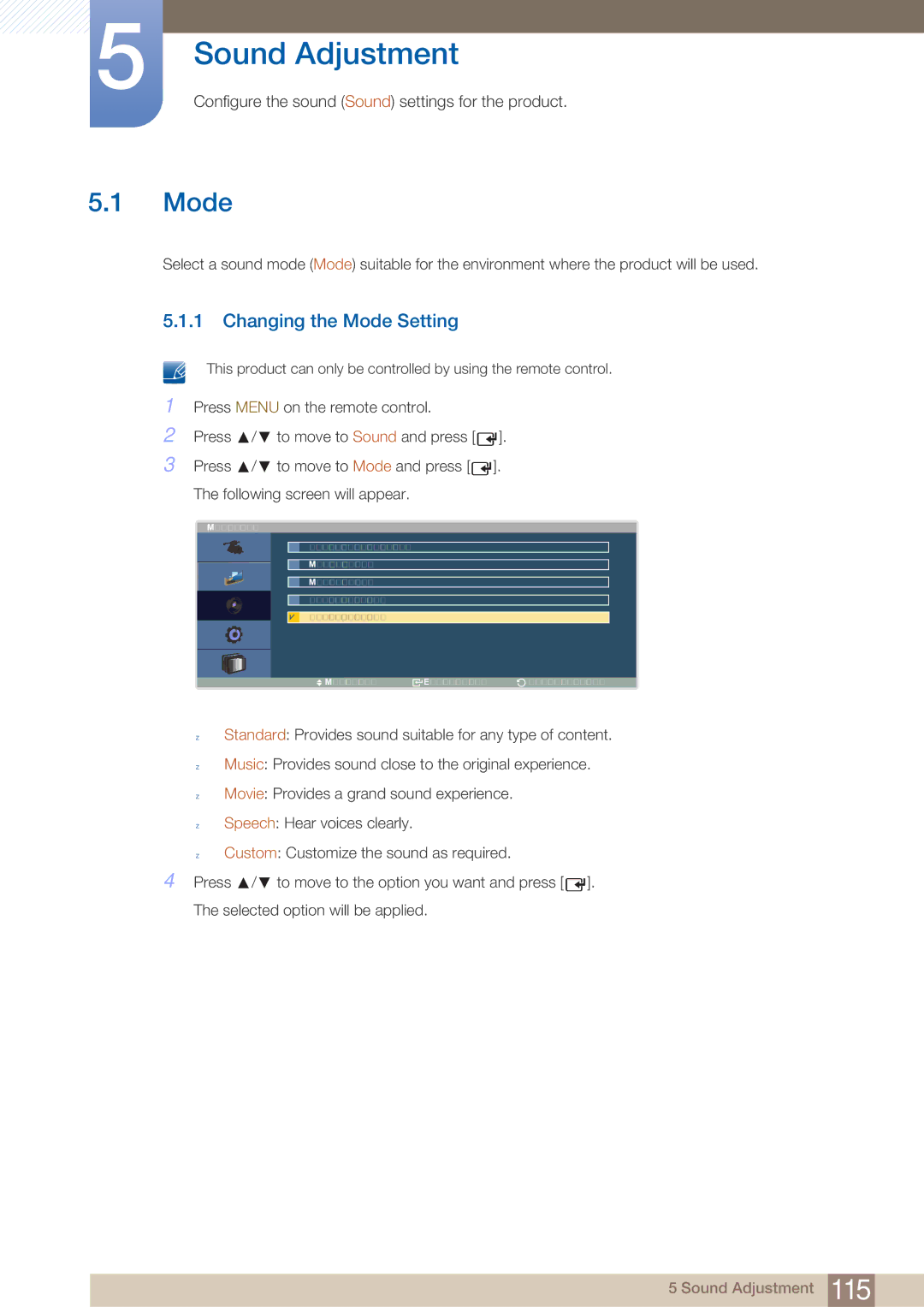 Samsung LH40ARPLBC/XY, LH40ARPLBC/EN manual Sound Adjustment, Changing the Mode Setting 