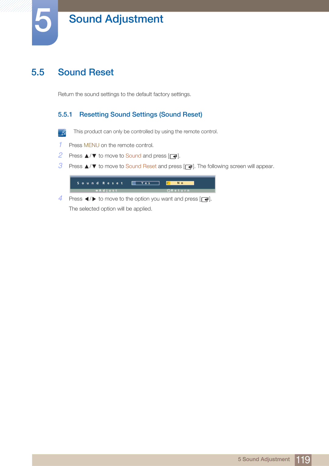 Samsung LH40ARPLBC/XY, LH40ARPLBC/EN manual Resetting Sound Settings Sound Reset 