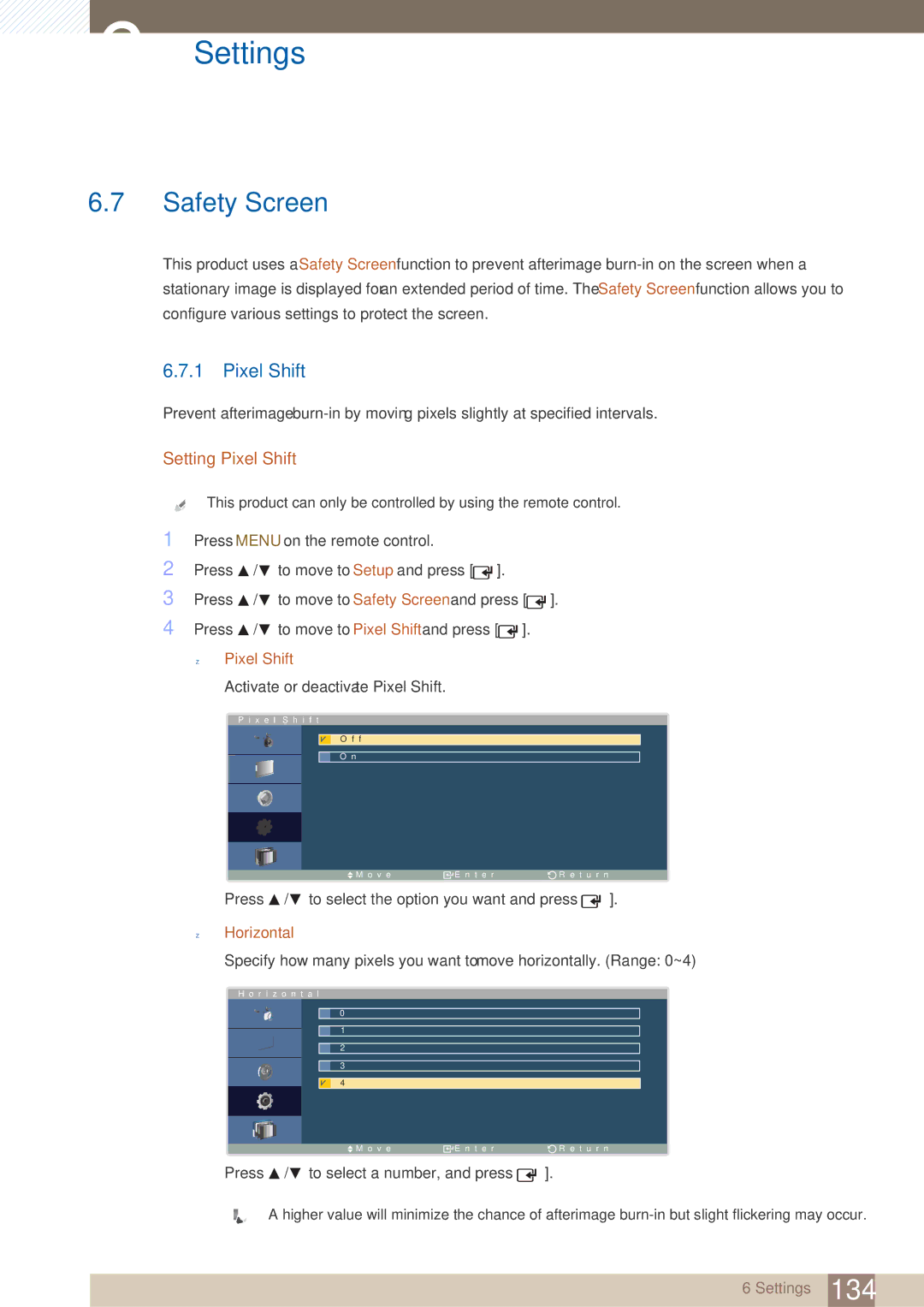 Samsung LH40ARPLBC/EN, LH40ARPLBC/XY manual Safety Screen, Setting Pixel Shift, Horizontal 