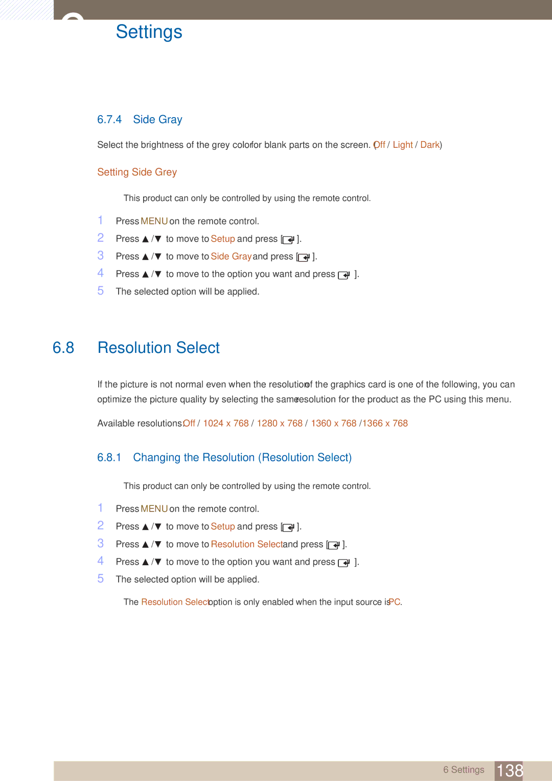 Samsung LH40ARPLBC/EN, LH40ARPLBC/XY manual Side Gray, Changing the Resolution Resolution Select, Setting Side Grey 