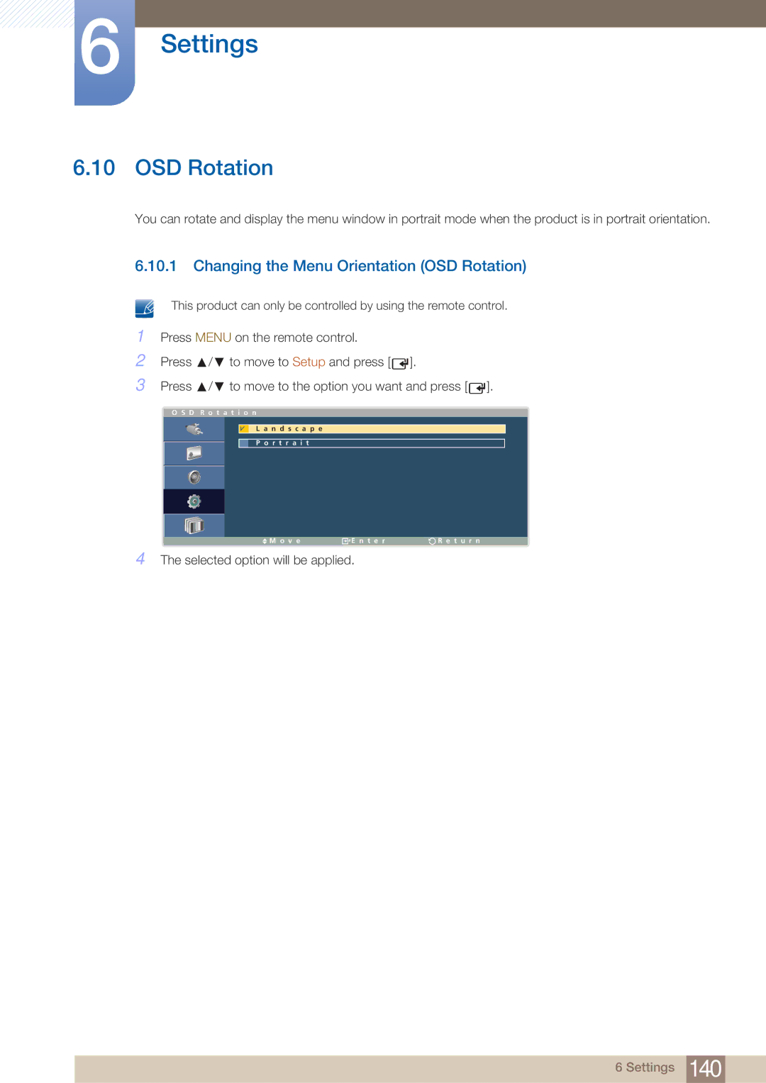 Samsung LH40ARPLBC/EN, LH40ARPLBC/XY manual Changing the Menu Orientation OSD Rotation 