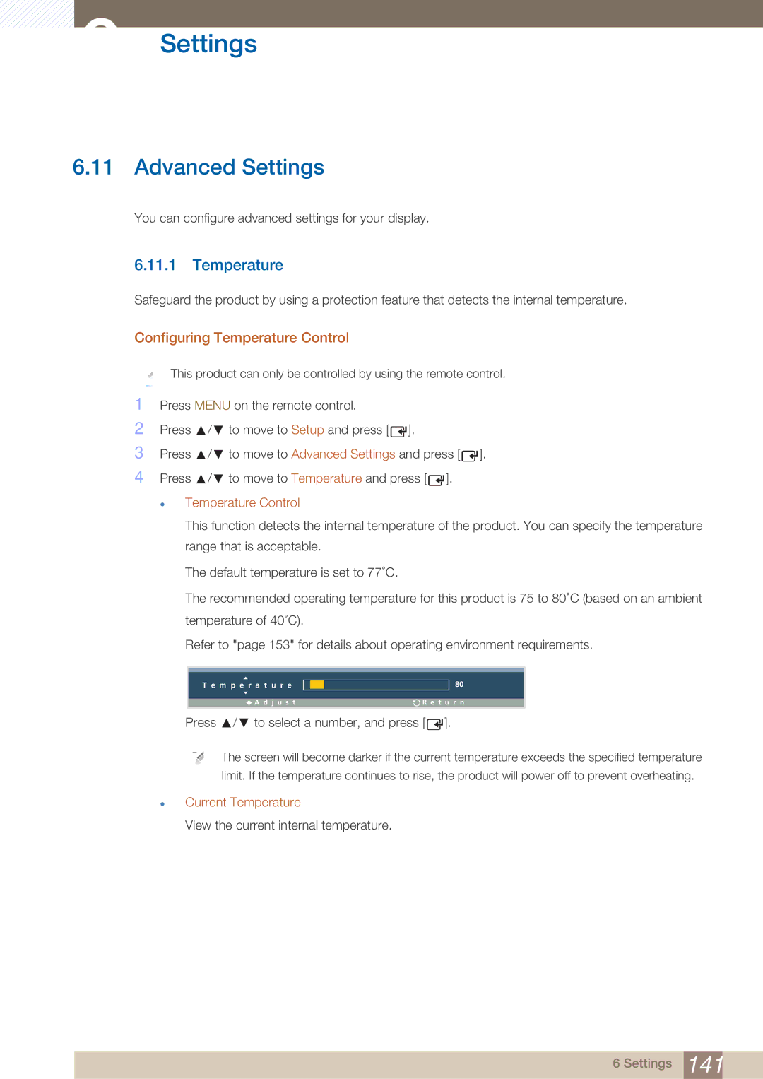 Samsung LH40ARPLBC/XY, LH40ARPLBC/EN manual Advanced Settings, Configuring Temperature Control, Current Temperature 