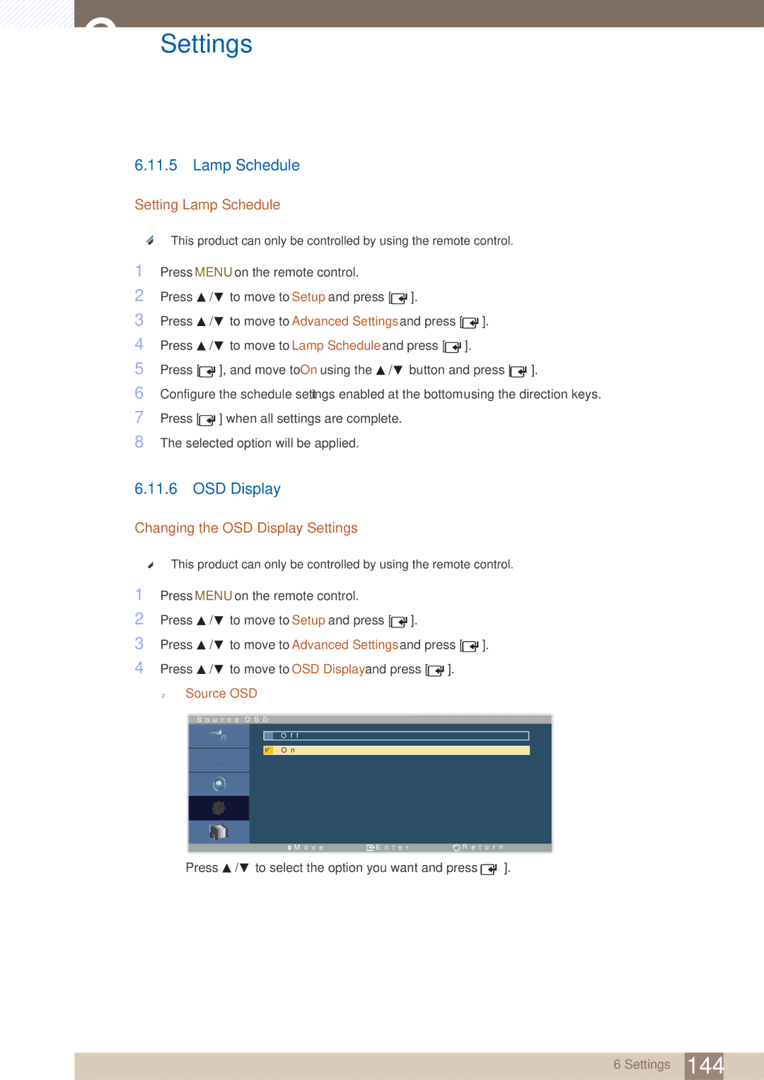 Samsung LH40ARPLBC/EN, LH40ARPLBC/XY manual Setting Lamp Schedule, Changing the OSD Display Settings, Source OSD 