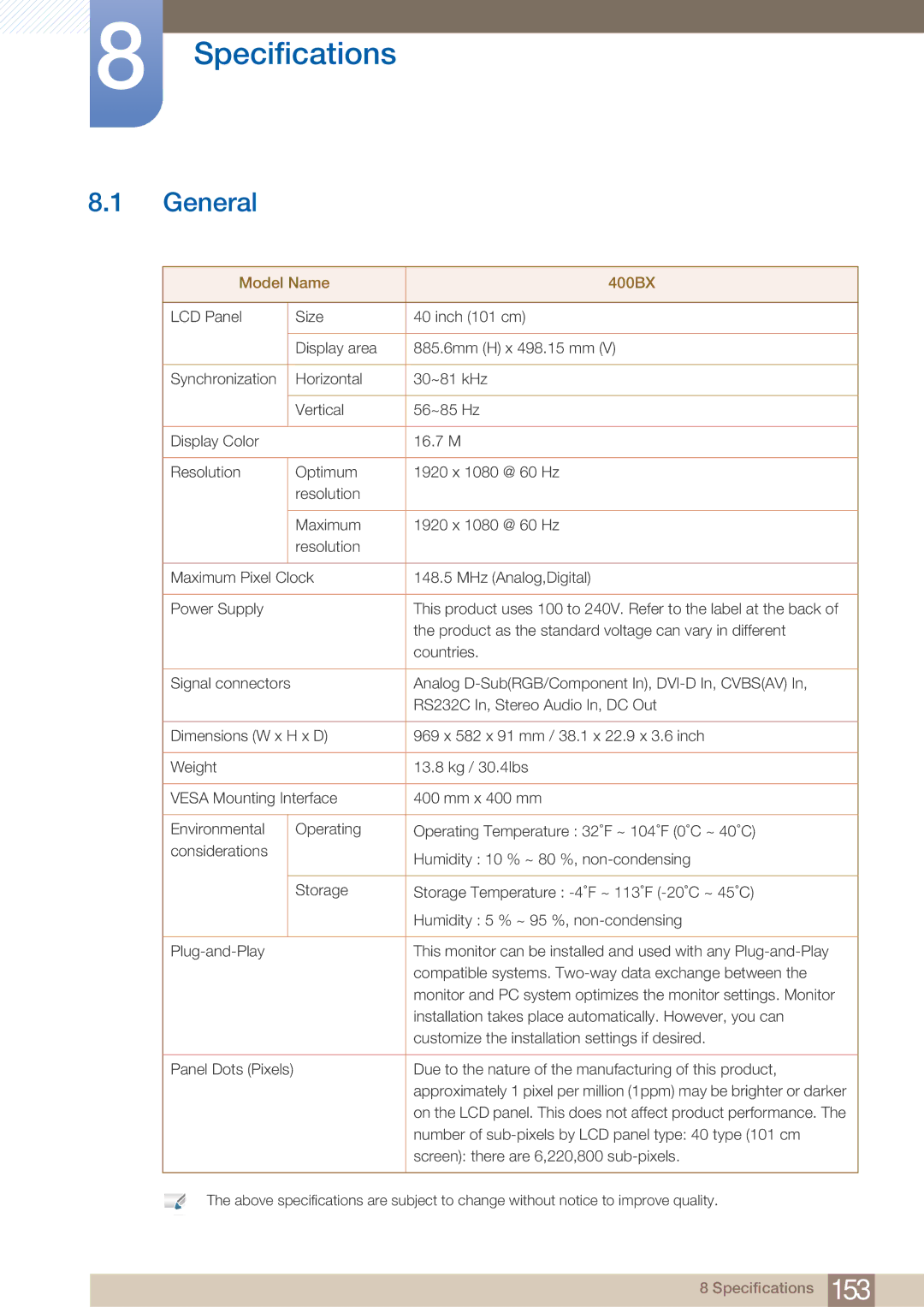 Samsung LH40ARPLBC/XY, LH40ARPLBC/EN manual Specifications, General 