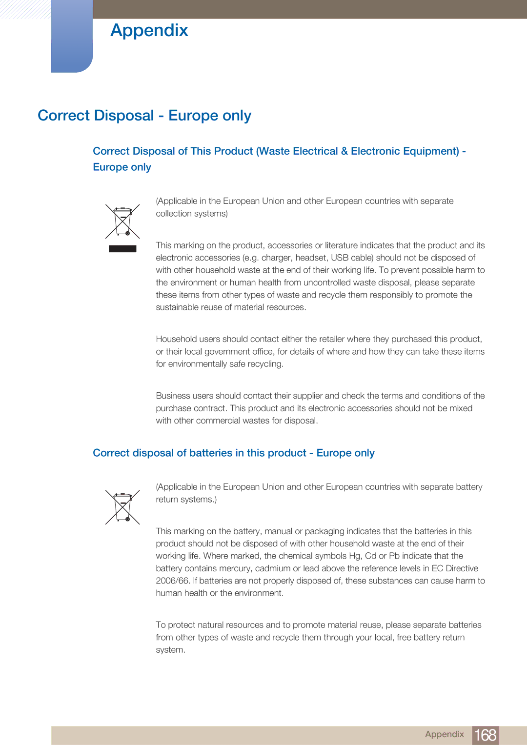 Samsung LH40ARPLBC/EN manual Correct Disposal Europe only, Correct disposal of batteries in this product Europe only 