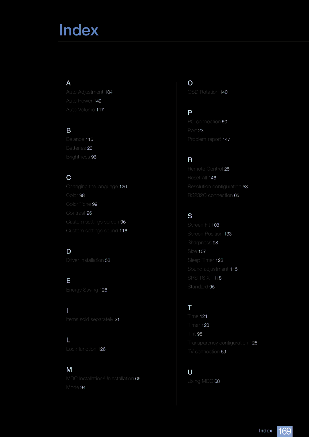 Samsung LH40ARPLBC/XY, LH40ARPLBC/EN manual Index 