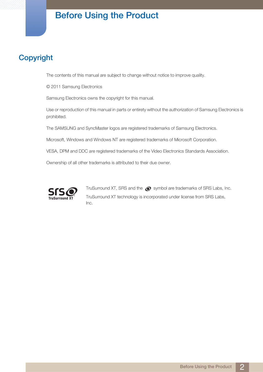 Samsung LH40ARPLBC/EN, LH40ARPLBC/XY manual Before Using the Product, Copyright 