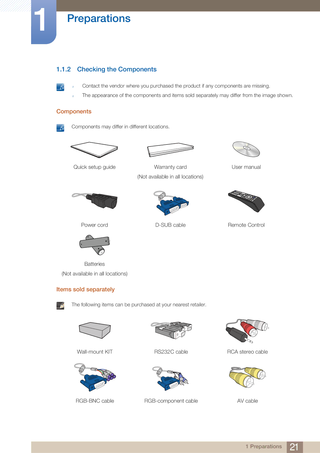 Samsung LH40ARPLBC/XY, LH40ARPLBC/EN manual Checking the Components, Items sold separately 