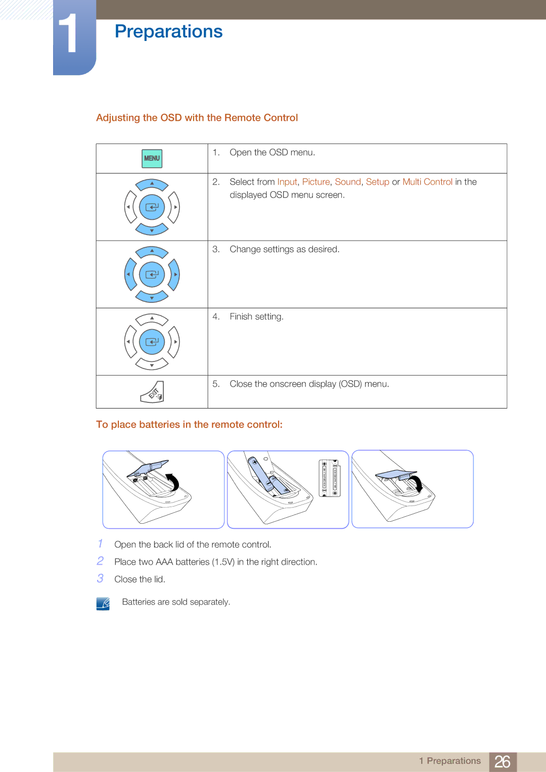 Samsung LH40ARPLBC/EN, LH40ARPLBC/XY Adjusting the OSD with the Remote Control, To place batteries in the remote control 