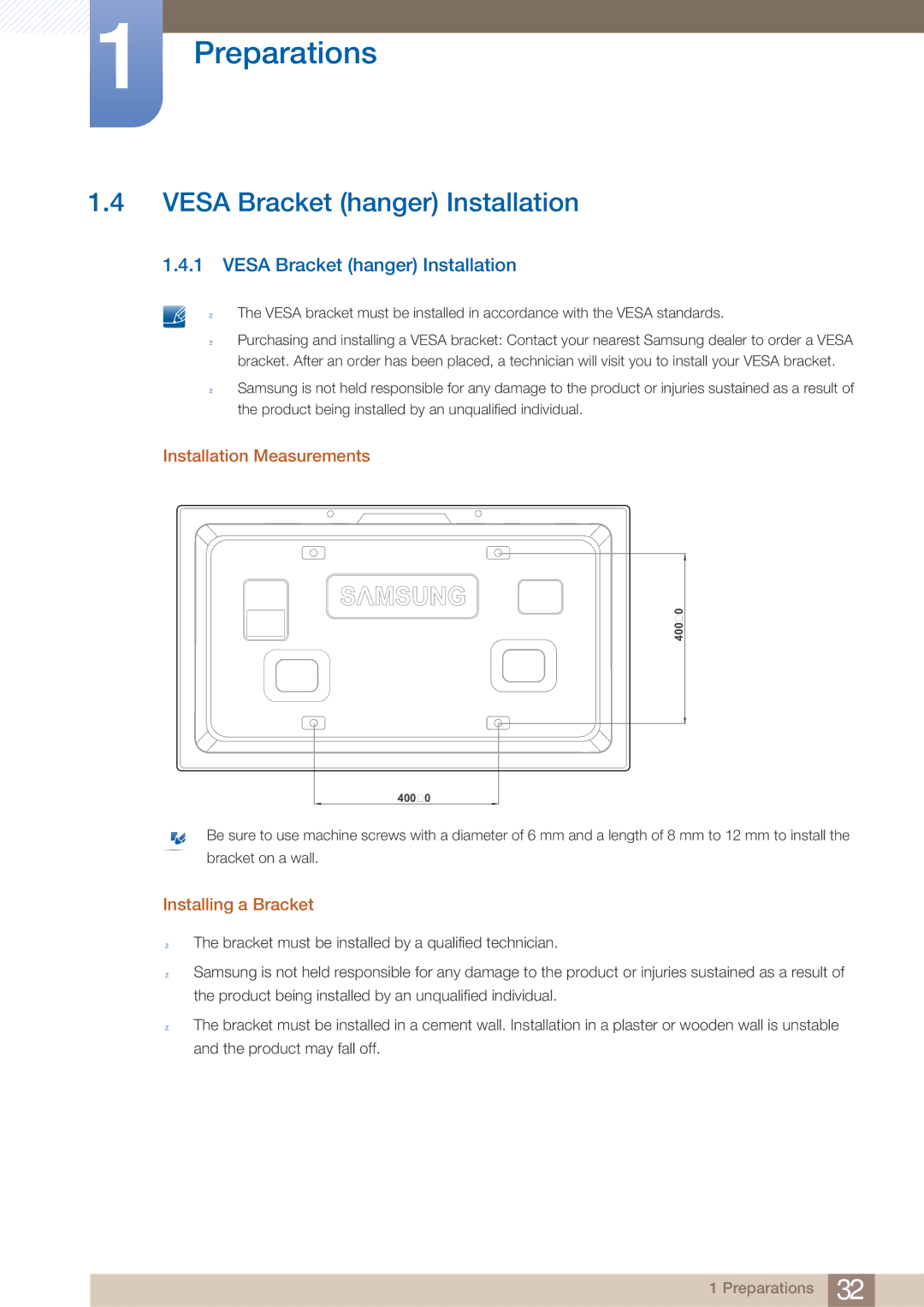 Samsung LH40ARPLBC/EN, LH40ARPLBC/XY Vesa Bracket hanger Installation, Installation Measurements, Installing a Bracket 