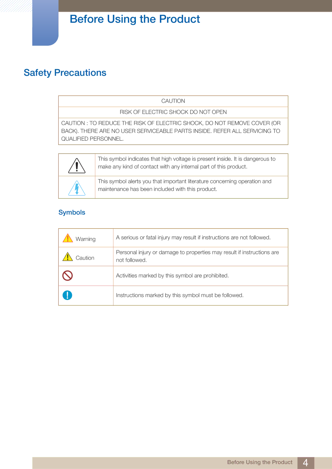 Samsung LH40ARPLBC/EN, LH40ARPLBC/XY manual Safety Precautions, Symbols 