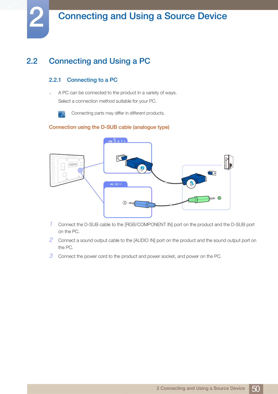 Samsung LH40ARPLBC/EN manual Connecting and Using a PC, Connecting to a PC, Connection using the D-SUB cable analogue type 