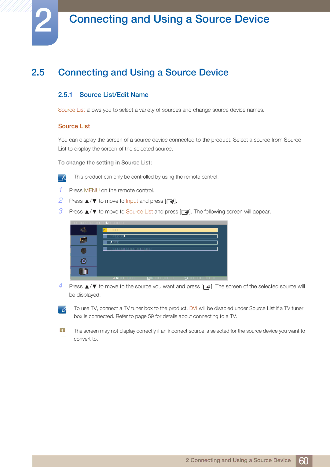 Samsung LH40ARPLBC/EN Connecting and Using a Source Device, Source List/Edit Name, To change the setting in Source List 