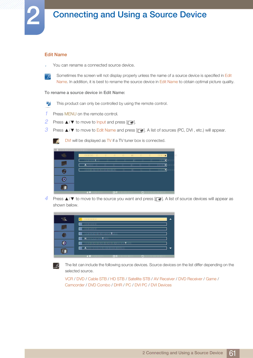 Samsung LH40ARPLBC/XY, LH40ARPLBC/EN manual To rename a source device in Edit Name 