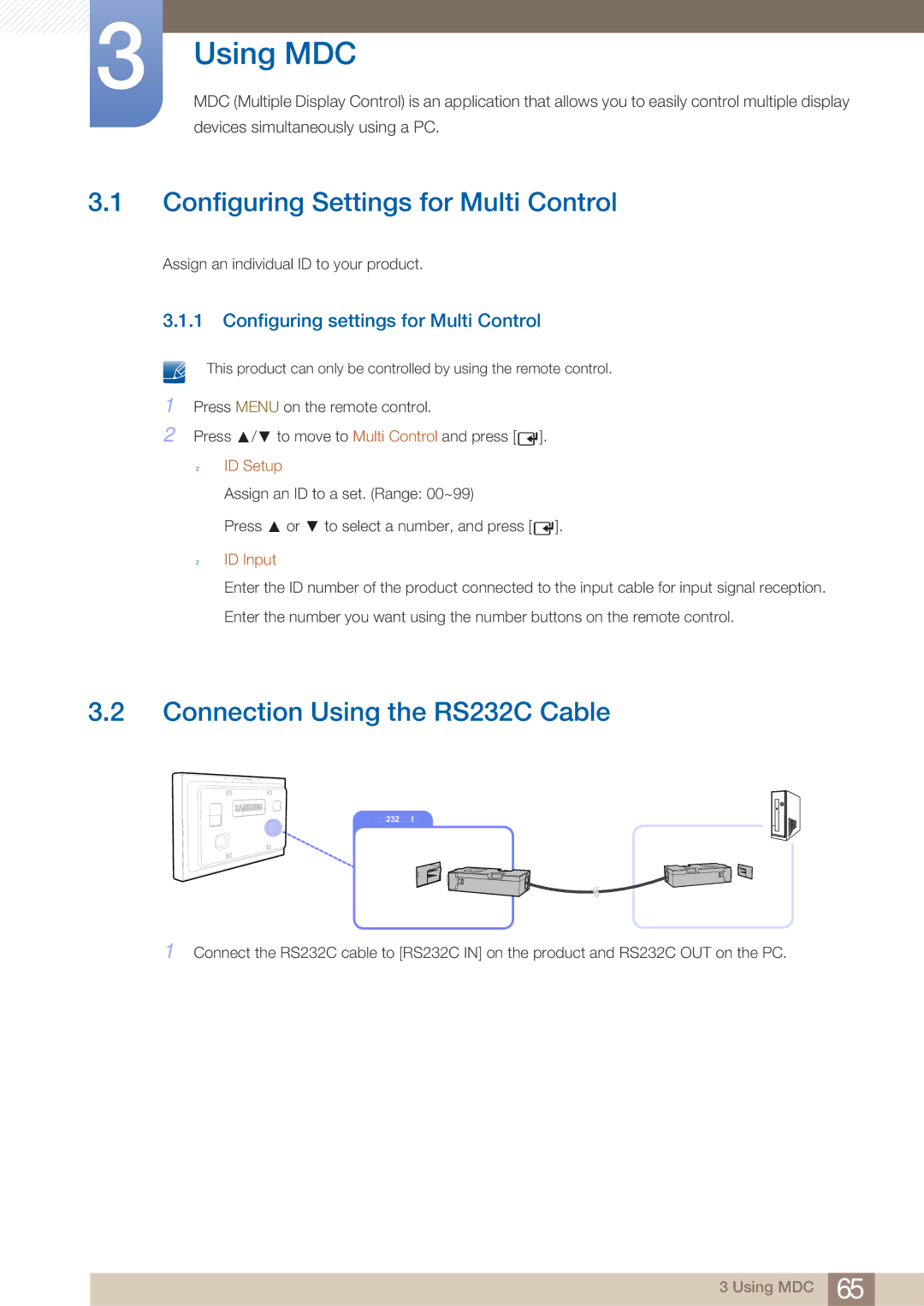 Samsung LH40ARPLBC/XY manual Configuring Settings for Multi Control, Connection Using the RS232C Cable, ID Setup, ID Input 