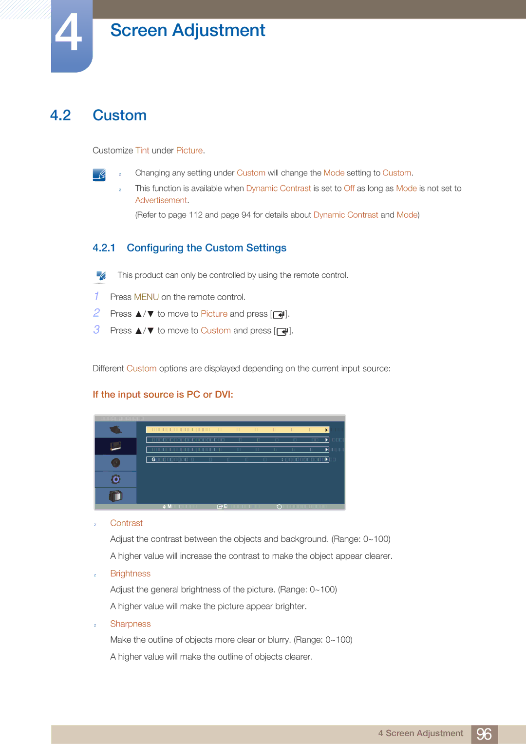 Samsung LH40ARPLBC/EN, LH40ARPLBC/XY manual Configuring the Custom Settings, Contrast 