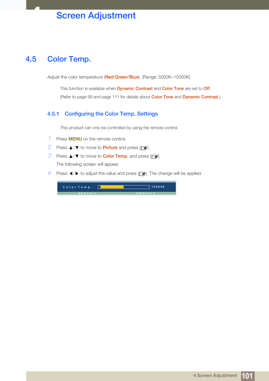 Samsung LH46ARPLBC/XY, LH40ARPLBC/EN, LH46ARPLBC/EN, LH32ARPLBC/EN, LH40ARPLBC/XY Configuring the Color Temp. Settings 