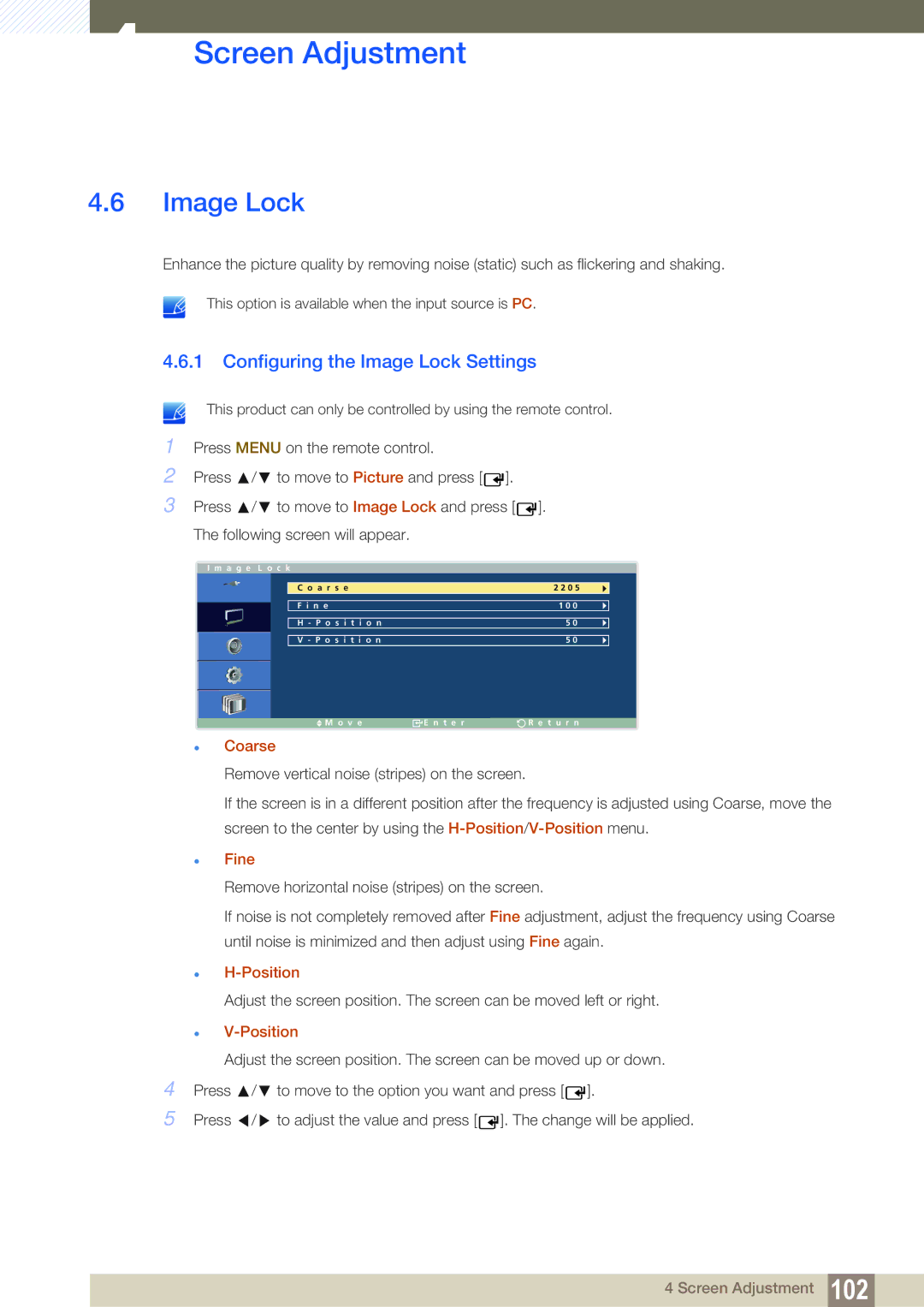 Samsung LH40ARPLBC/EN, LH46ARPLBC/EN, LH32ARPLBC/EN manual Configuring the Image Lock Settings, Coarse, Fine, Position 