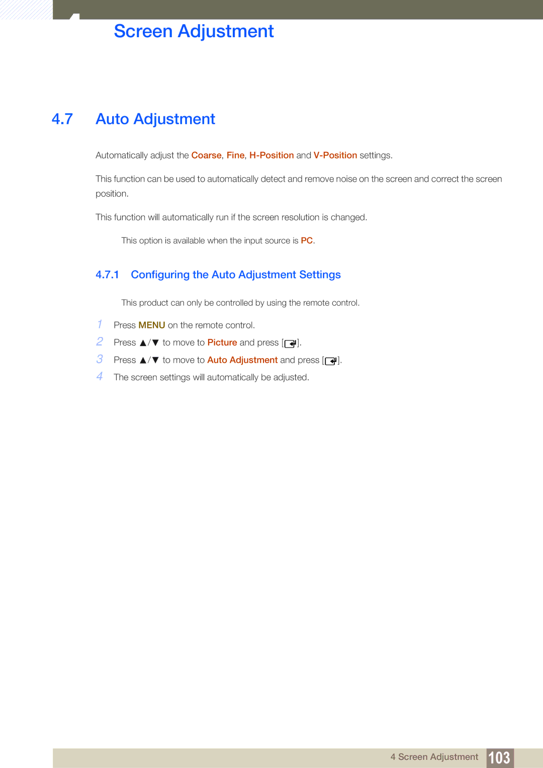 Samsung LH46ARPLBC/EN, LH40ARPLBC/EN, LH32ARPLBC/EN, LH40ARPLBC/XY manual Configuring the Auto Adjustment Settings 