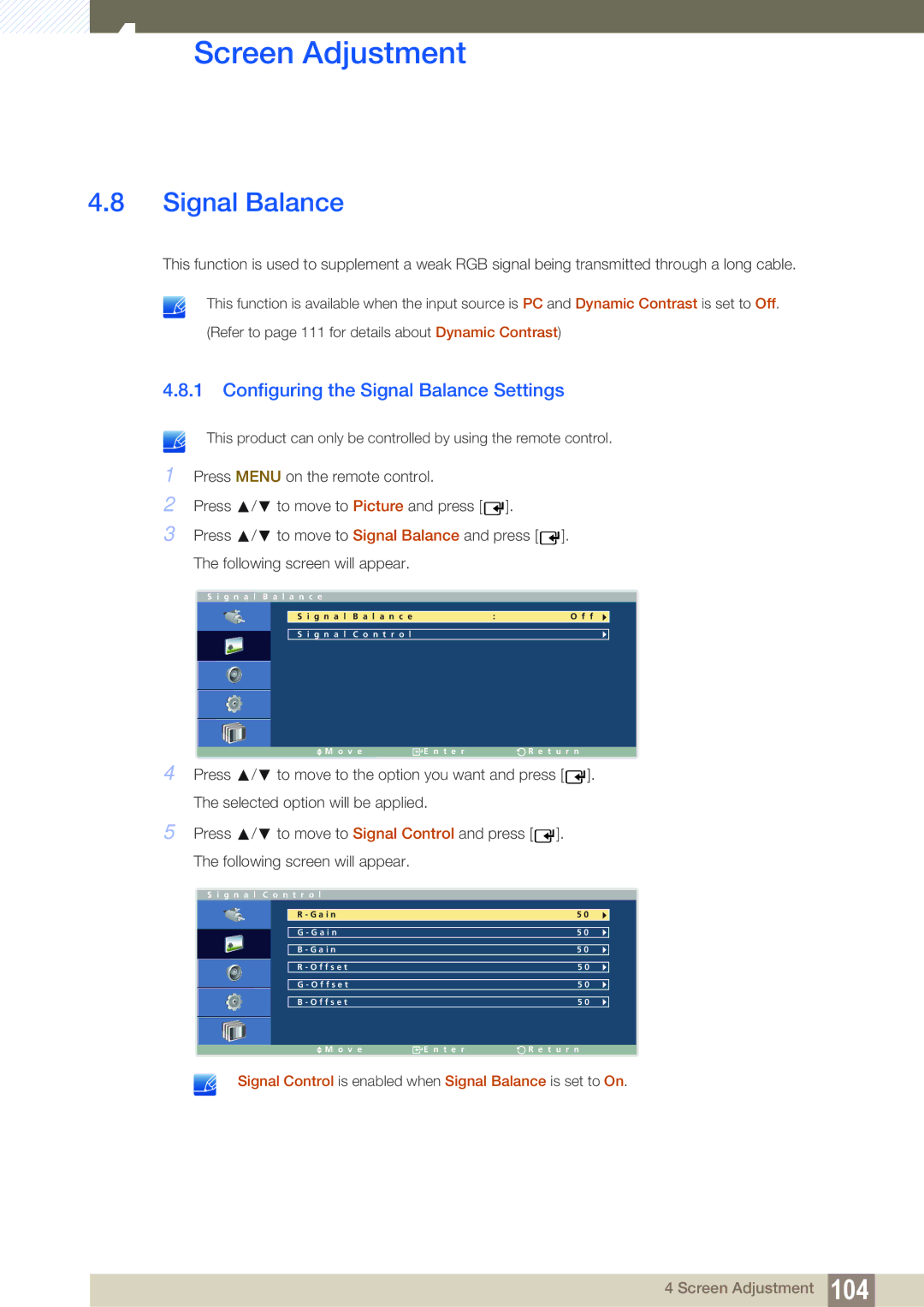 Samsung LH32ARPLBC/EN, LH40ARPLBC/EN, LH46ARPLBC/EN, LH40ARPLBC/XY, LH32ARPLBC/XY Configuring the Signal Balance Settings 