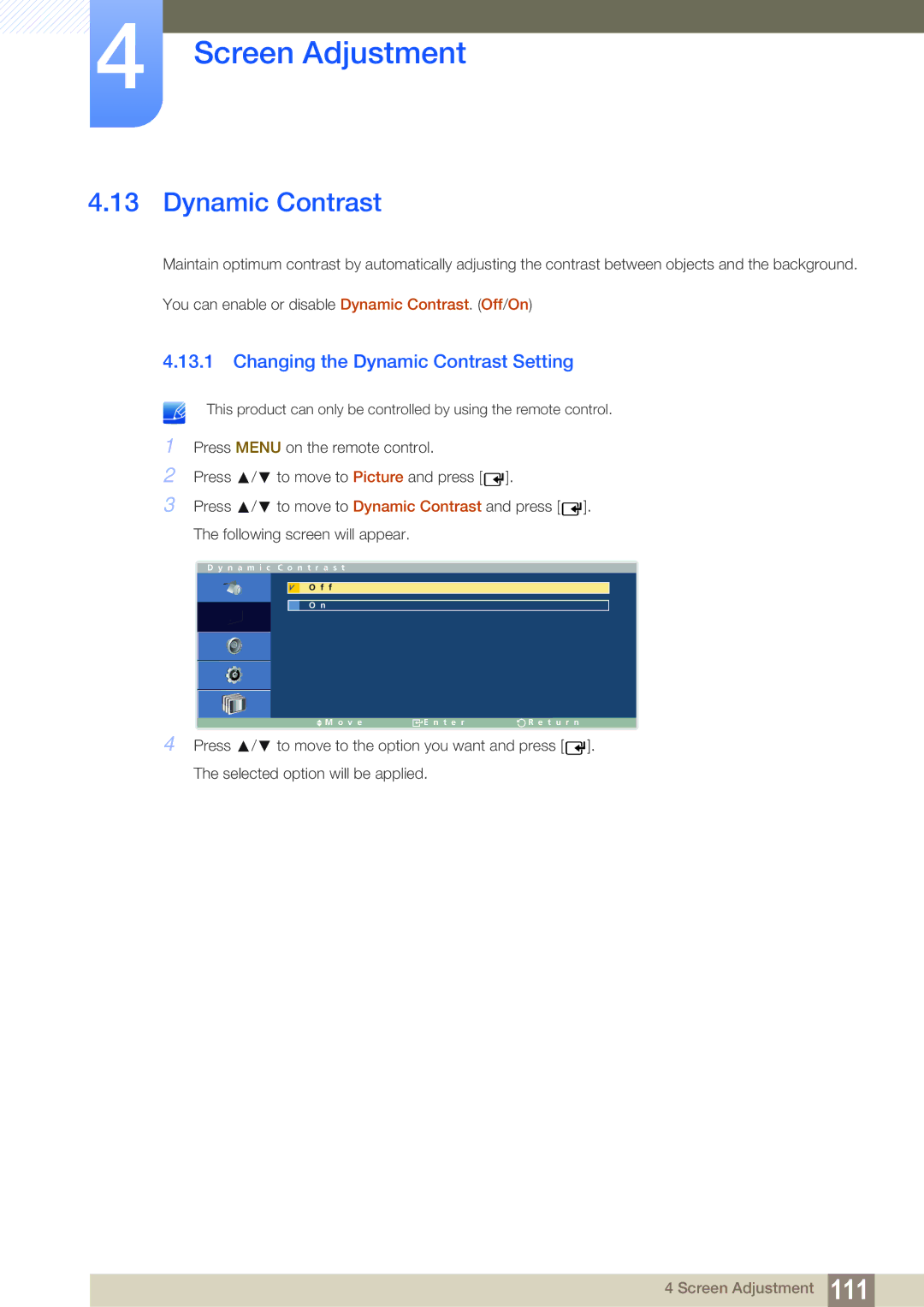 Samsung LH40ARPLBC/XY, LH40ARPLBC/EN, LH46ARPLBC/EN, LH32ARPLBC/EN, LH32ARPLBC/XY Changing the Dynamic Contrast Setting 