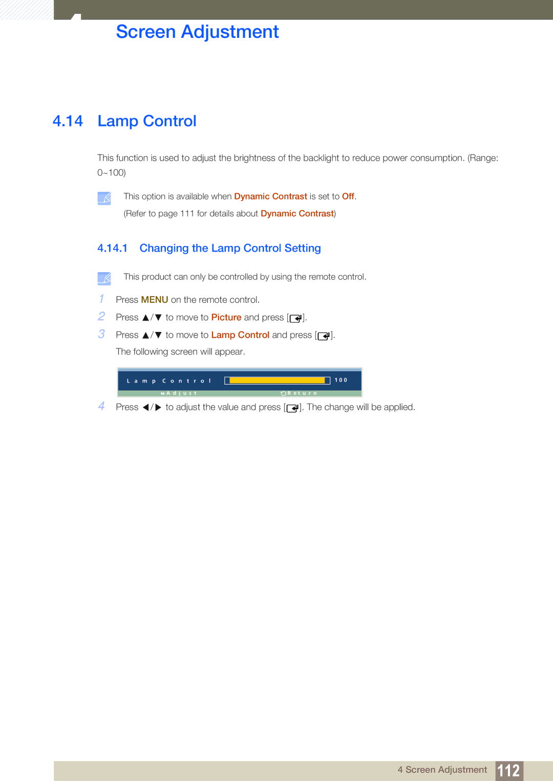 Samsung LH32ARPLBC/XY, LH40ARPLBC/EN, LH46ARPLBC/EN, LH32ARPLBC/EN, LH40ARPLBC/XY manual Changing the Lamp Control Setting 