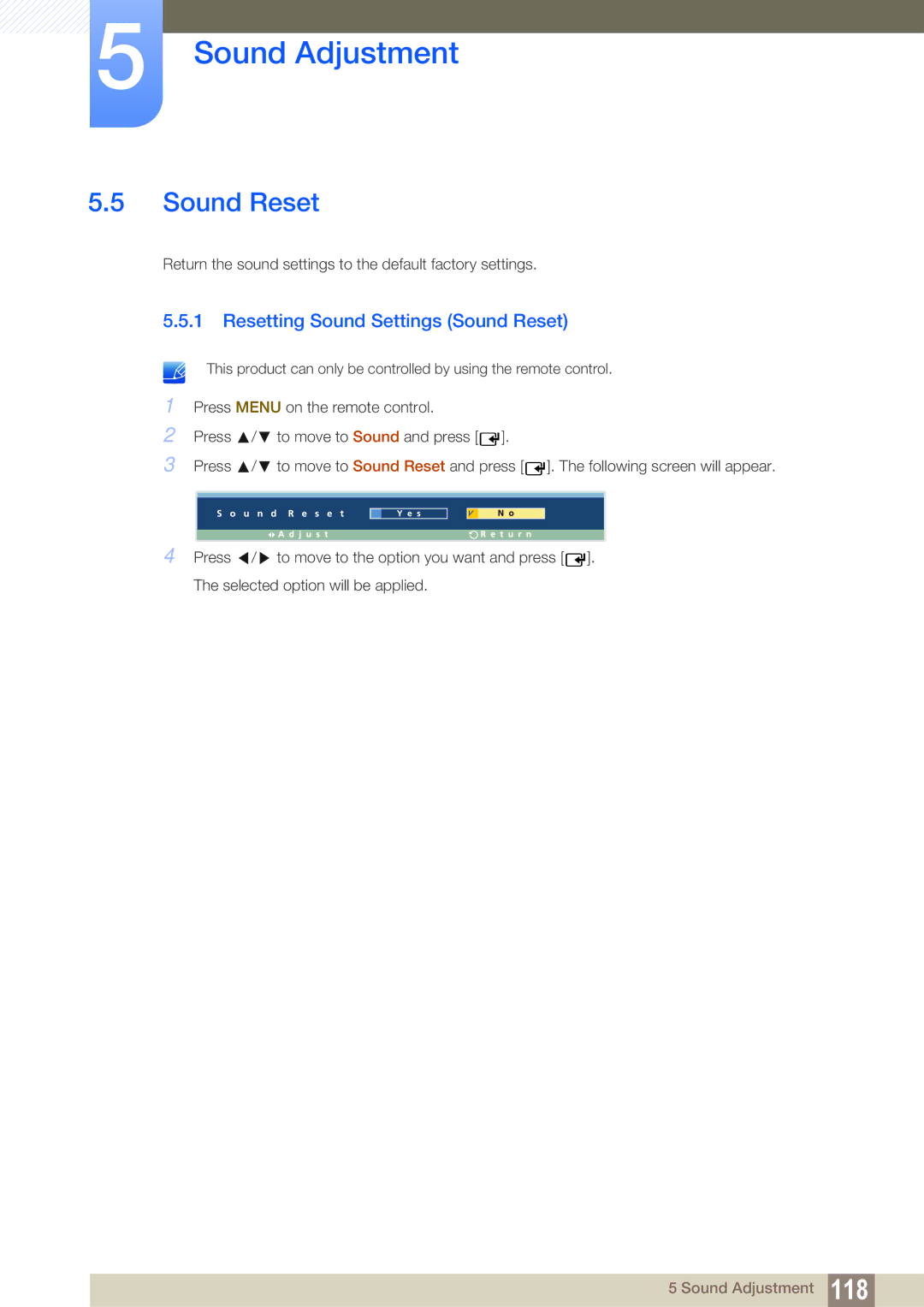 Samsung LH32ARPLBC/XY, LH40ARPLBC/EN, LH46ARPLBC/EN, LH32ARPLBC/EN, LH40ARPLBC/XY Resetting Sound Settings Sound Reset 