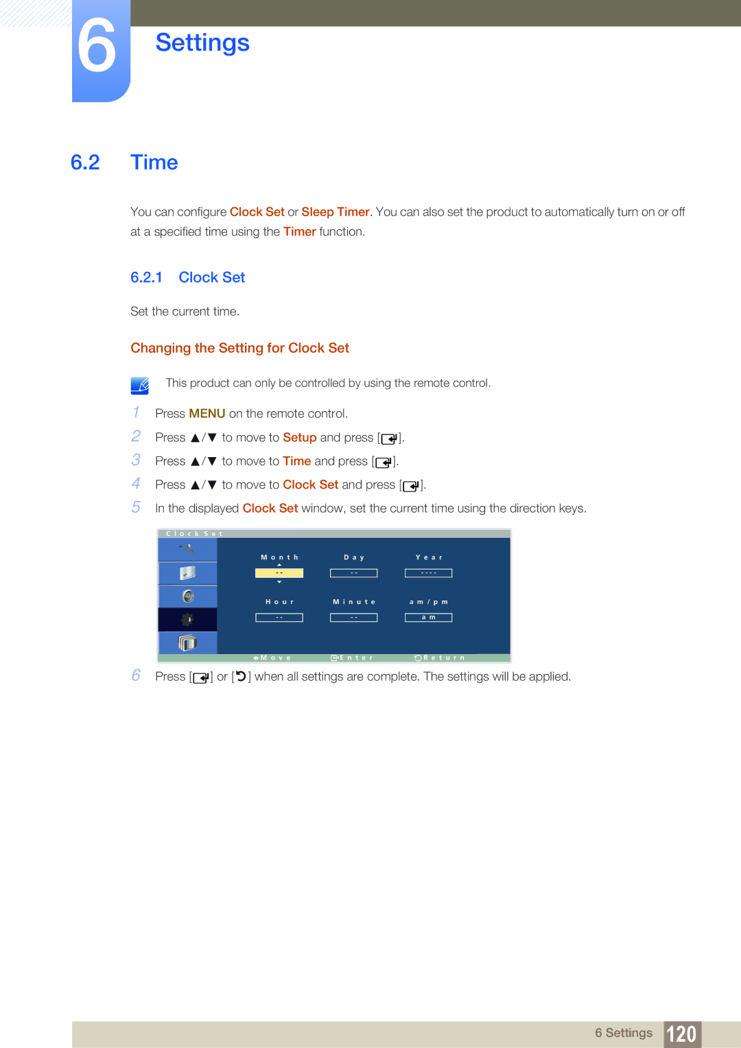 Samsung LH40ARPLBC/EN, LH46ARPLBC/EN, LH32ARPLBC/EN, LH40ARPLBC/XY manual Time, Changing the Setting for Clock Set 