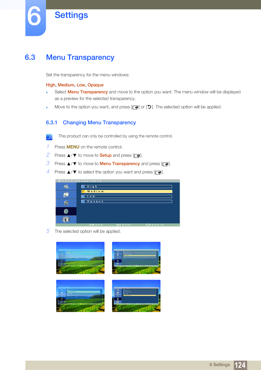 Samsung LH32ARPLBC/XY, LH40ARPLBC/EN, LH46ARPLBC/EN, LH32ARPLBC/EN Changing Menu Transparency, High, Medium, Low, Opaque 