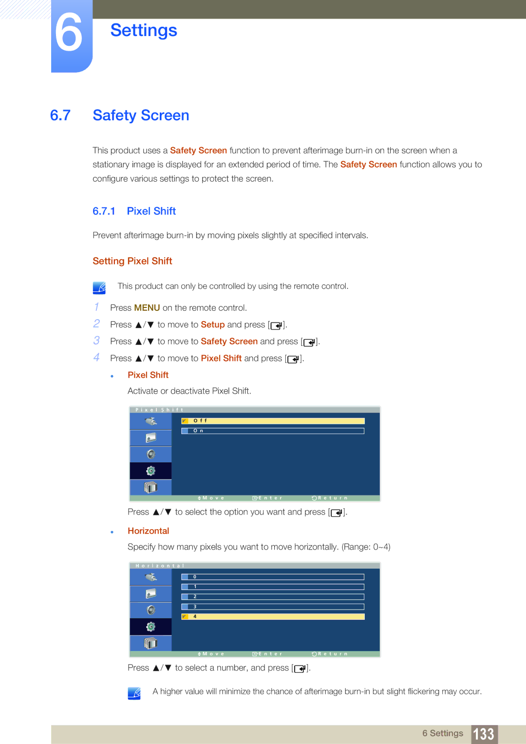 Samsung LH46ARPLBC/EN, LH40ARPLBC/EN, LH32ARPLBC/EN, LH40ARPLBC/XY manual Safety Screen, Setting Pixel Shift, Horizontal 