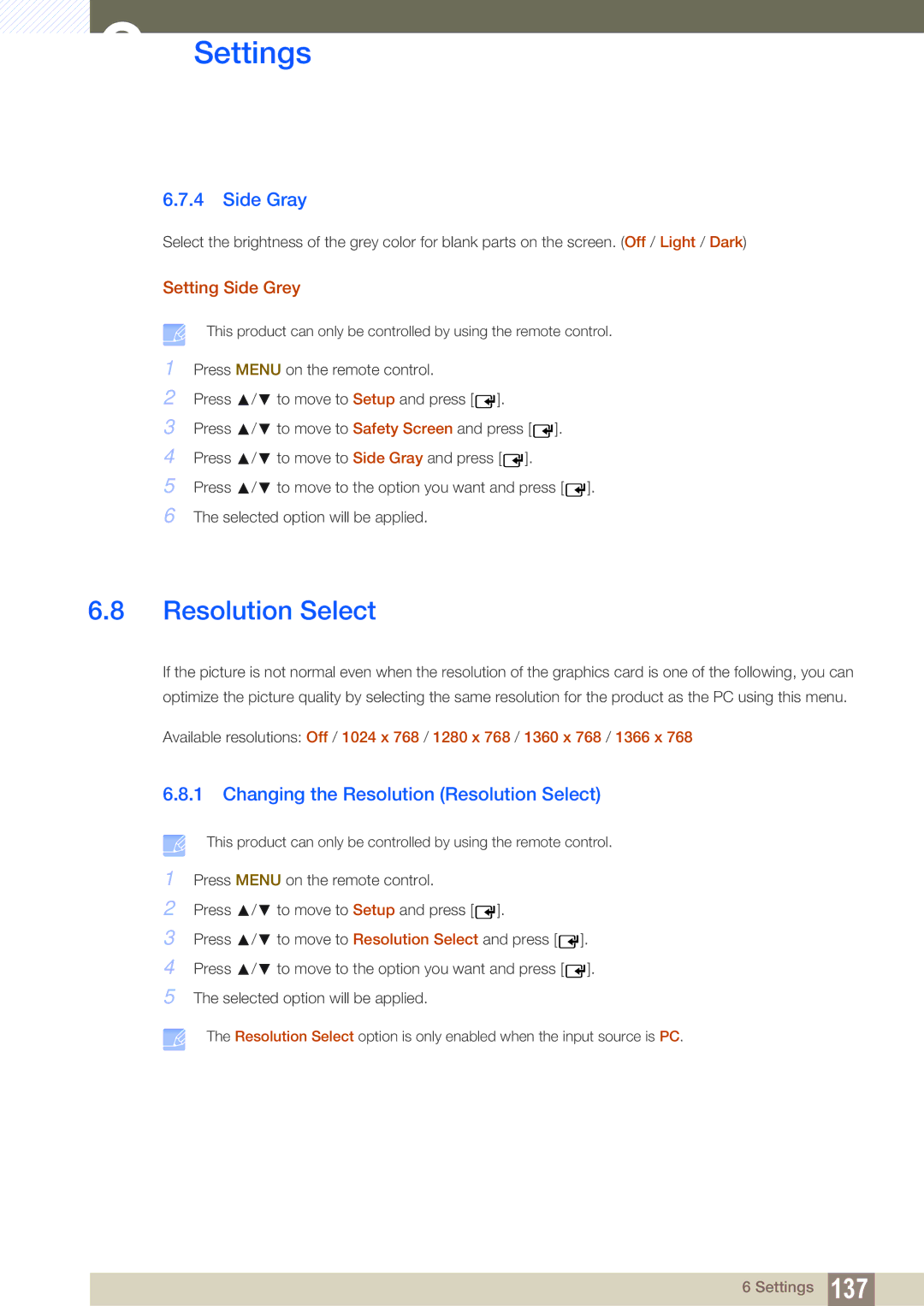 Samsung LH46ARPLBC/XY, LH40ARPLBC/EN manual Side Gray, Changing the Resolution Resolution Select, Setting Side Grey 