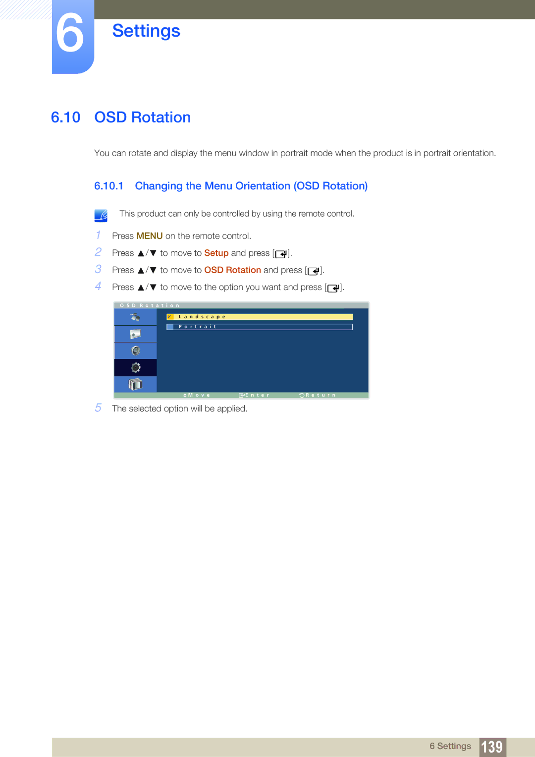 Samsung LH46ARPLBC/EN, LH40ARPLBC/EN, LH32ARPLBC/EN, LH40ARPLBC/XY manual Changing the Menu Orientation OSD Rotation 