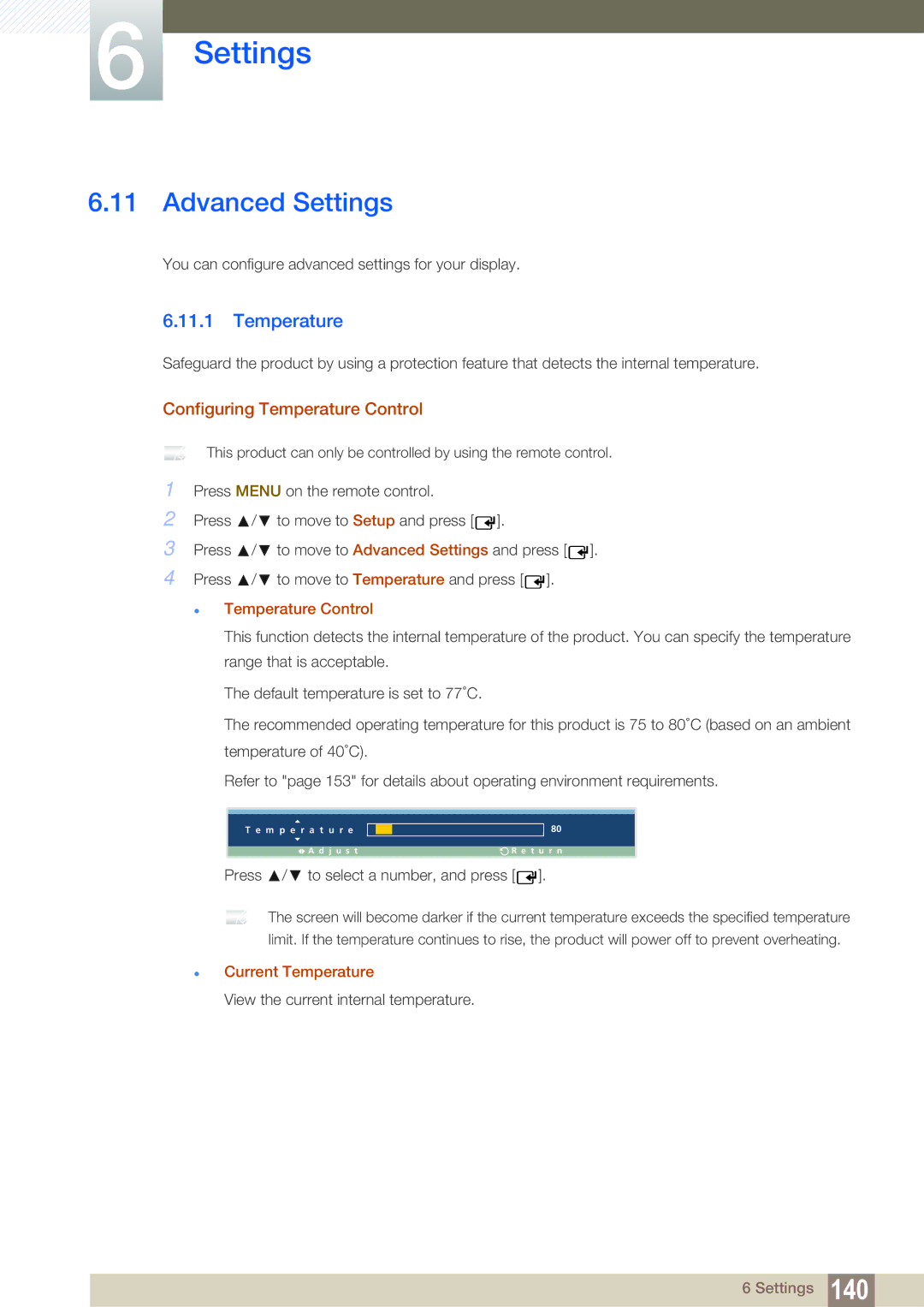 Samsung LH32ARPLBC/EN, LH40ARPLBC/EN manual Advanced Settings, Configuring Temperature Control, Current Temperature 