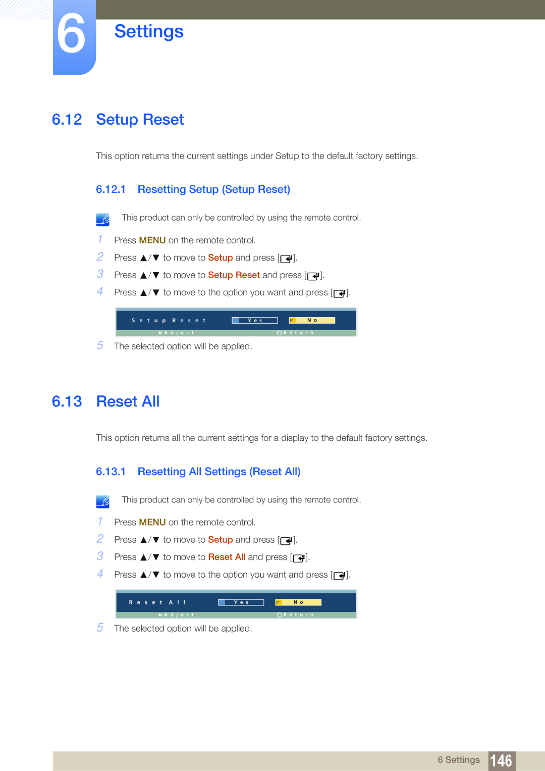 Samsung LH32ARPLBC/EN, LH40ARPLBC/EN, LH46ARPLBC/EN Resetting Setup Setup Reset, Resetting All Settings Reset All 