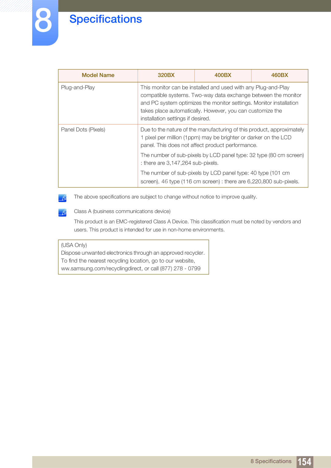 Samsung LH32ARPLBC/XY, LH40ARPLBC/EN, LH46ARPLBC/EN, LH32ARPLBC/EN, LH40ARPLBC/XY, LH46ARPLBC/XY manual Specifications 